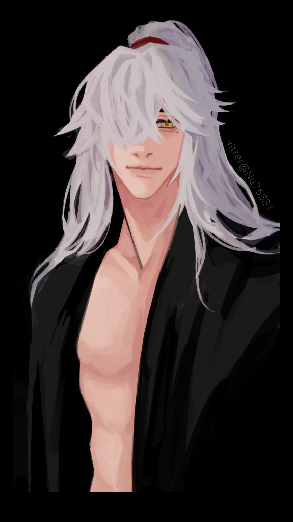 a whitehaired anime man, wearing a black open shirt, with a subtle smile, looking directly at the viewer. this portrait is done in digital art, with a stylized appearance.