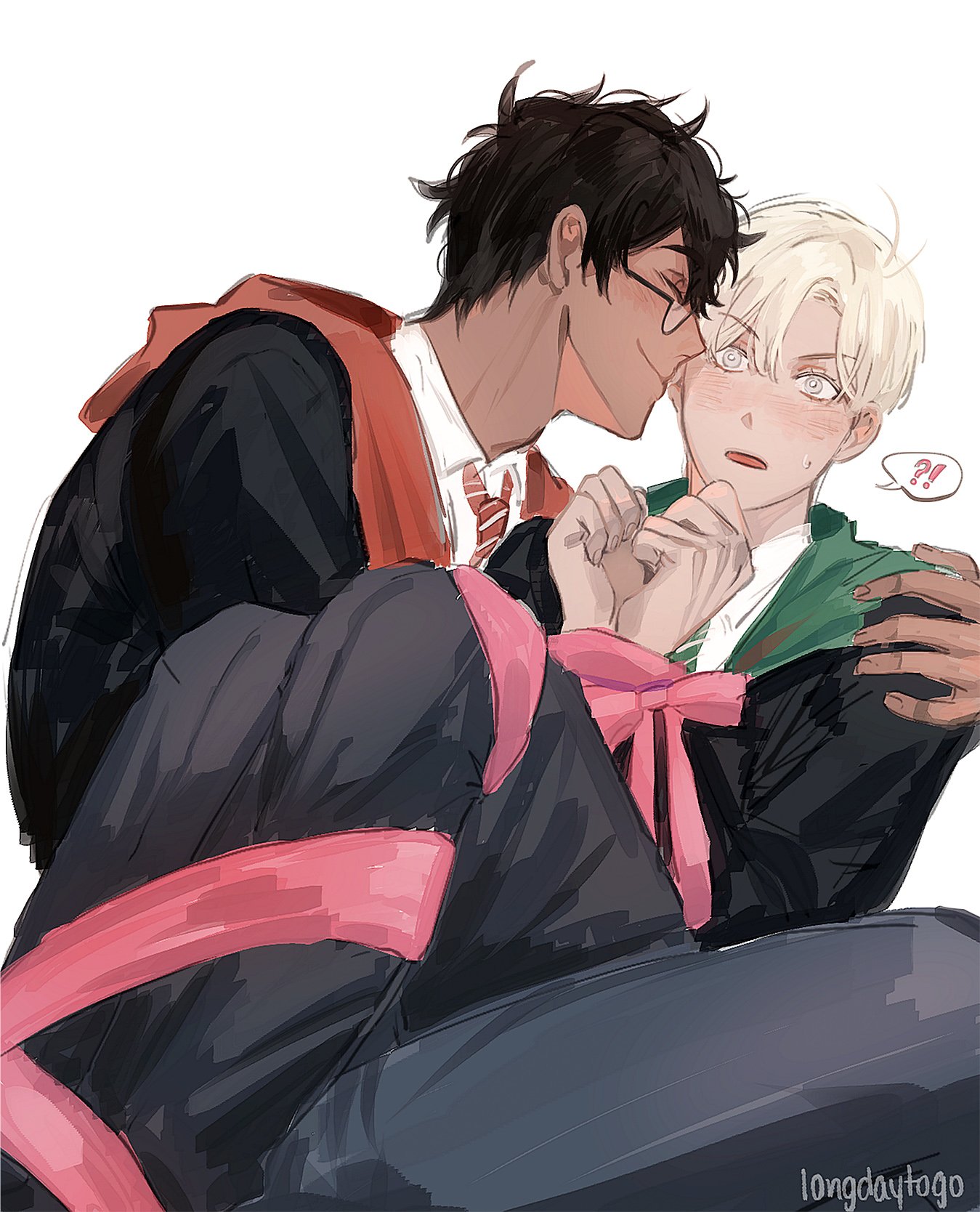 digital drawing depicting a romantic scene between two characters who appear to be inspired by draco malfoy and harry potter from the harry potter universe. the character representing draco is lightskinned with blonde hair, wearing a slytherin robe, while the other, representing harry, has dark hair and skin and is wearing a gryffindor robe. they are embracing intimately, with the harryinspired character gently kissing the dracoinspired character's cheek.  the overall style is soft and romantic, with a muted color palette and painterly brushstrokes. a pink ribbon is partially visible, adding a touch of whimsy. the artist's signature, "longdaytogo," is discreetly placed in the bottom right corner.