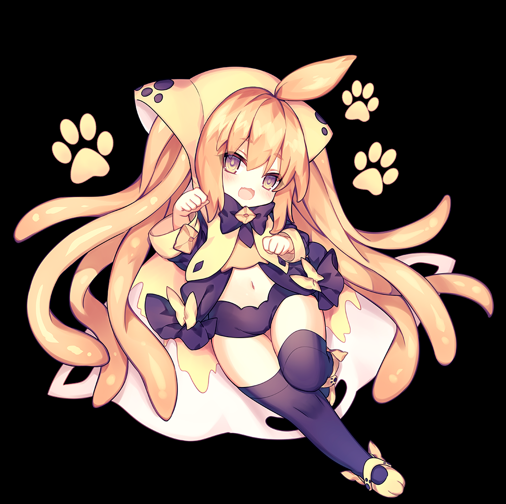 an anime girl with long yellow hair, wearing a yellow and purple outfit. she has adorable cat ears and is surrounded by yellow paw prints. she appears to be a magical girl from a fantasy world.