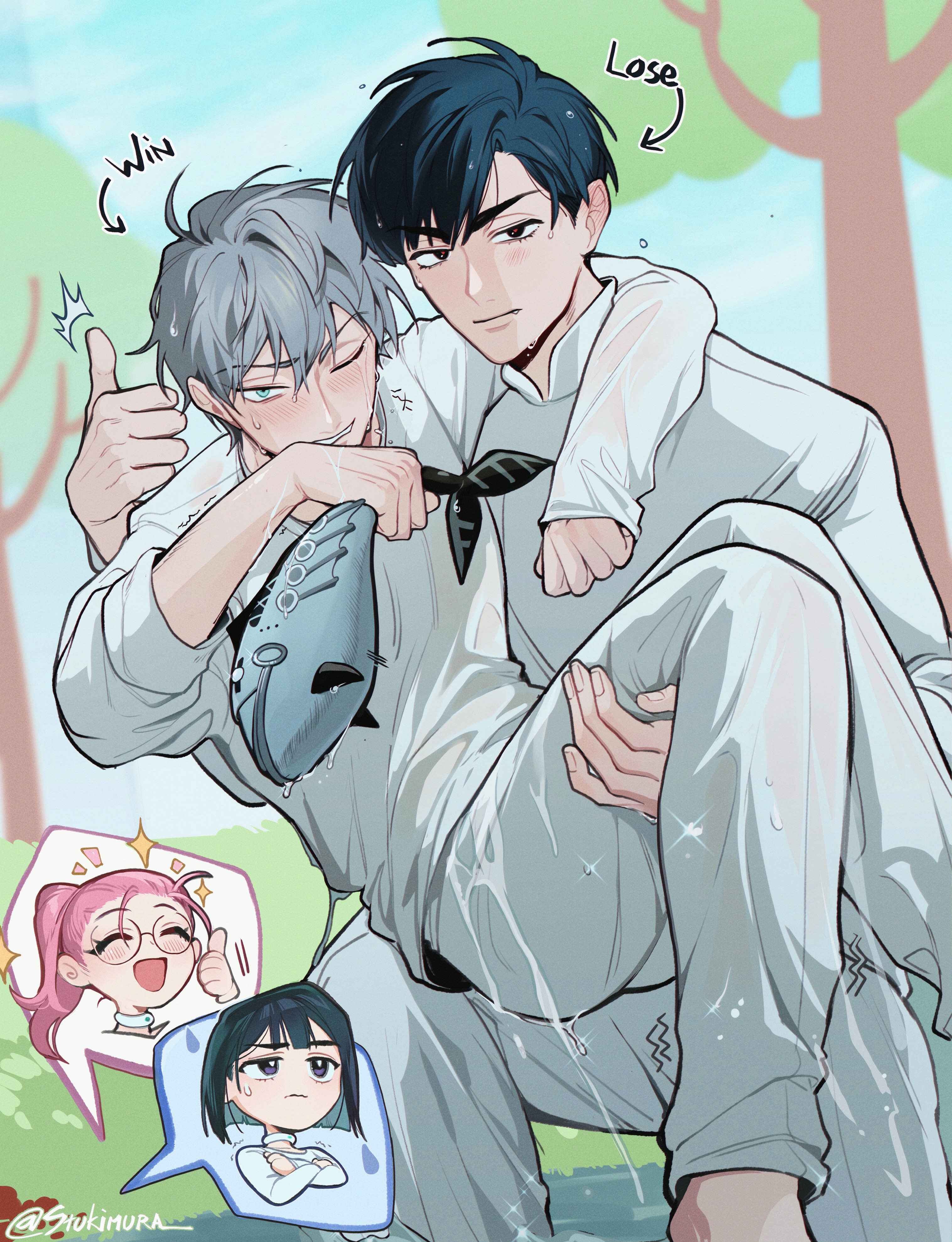 the image shows two anime boys in a playful scenario. the boy with dark hair is holding the other boy on his shoulders. they are both dressed in white uniforms that are wet from water.  the boy on the bottom has a light gray hair and looks playful, while the boy on top looks more stern but also playful. they are both smiling. there is a small speech bubble above them with the word "win" written in it.  a speech bubble above the boy on top has the word "lose" written in it.  it seems like they are playing a game. there is a small, cute anime girl in a speech bubble to the left.  she is wearing a pink shirt and a blue headband.   there is also a small, cute anime girl to the bottom left.  she is wearing a blue shirt with a green and pink collar. she is holding a white book.  the background of the image is a green park area.  the image is a playful and romantic illustration.  the image suggests that the two boys are in a competition of some kind and that the boy on the top is the winner.