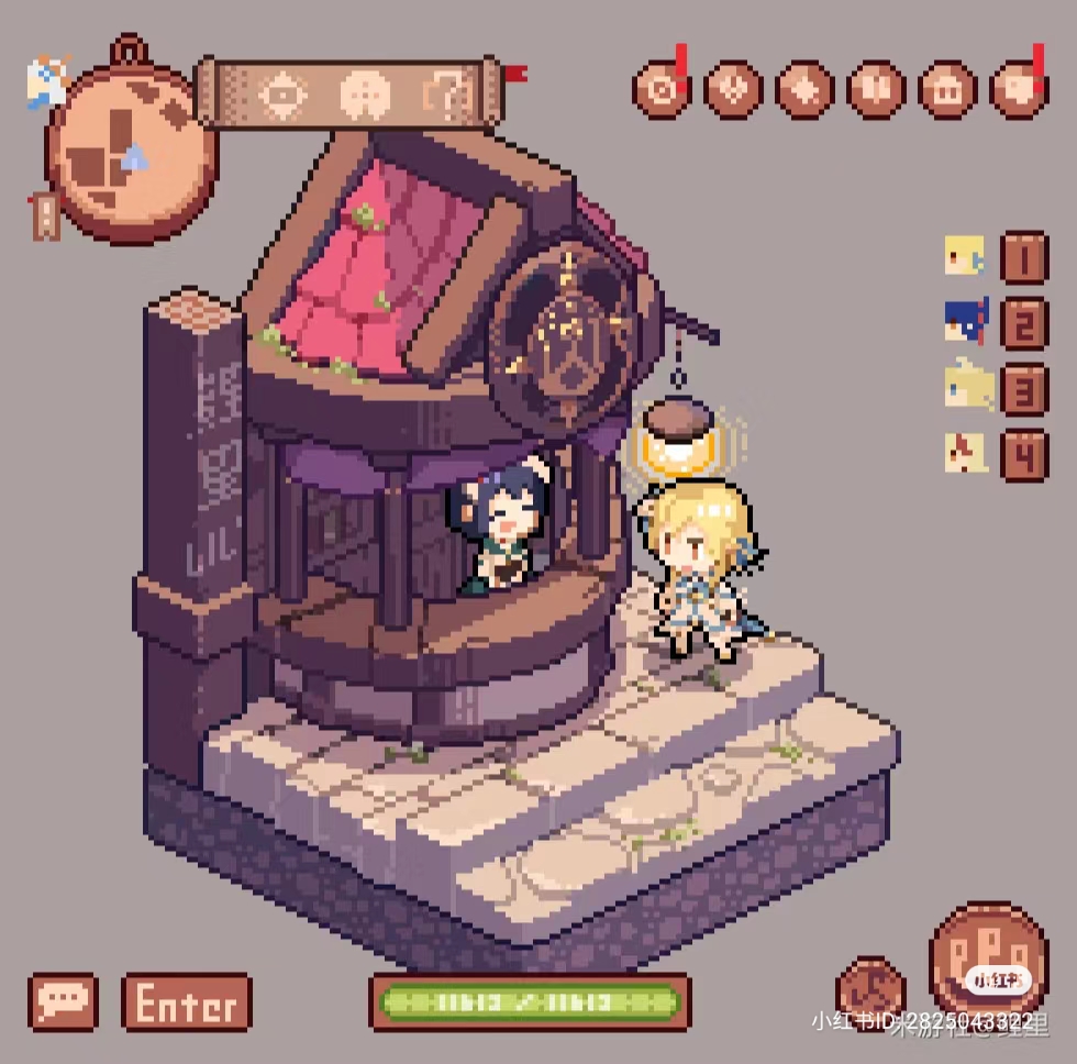 a pixel art depiction of a shop exterior in an rpg game, likely used for the player to purchase items. two female characters, one seemingly the shopkeeper and the other the player, stand in front of the counter. the storefront features a red awning and a hanging sign. user interface elements are visible, including a button to enter the shop, a minimap, and character portraits.