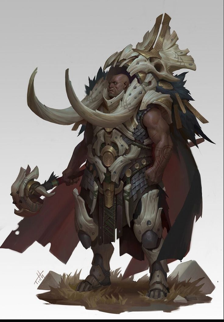 a digital painting of a fantasy warrior. the warrior is a large, muscular man with dark skin. he is wearing a helmet made of bone and tusks, and his armor is made of bone and metal. he has a large, bonehandled axe in his hand. the warrior is standing in a fierce and intimidating pose, and his expression is fierce. the background of the painting is a simple gray, which makes the warrior stand out.