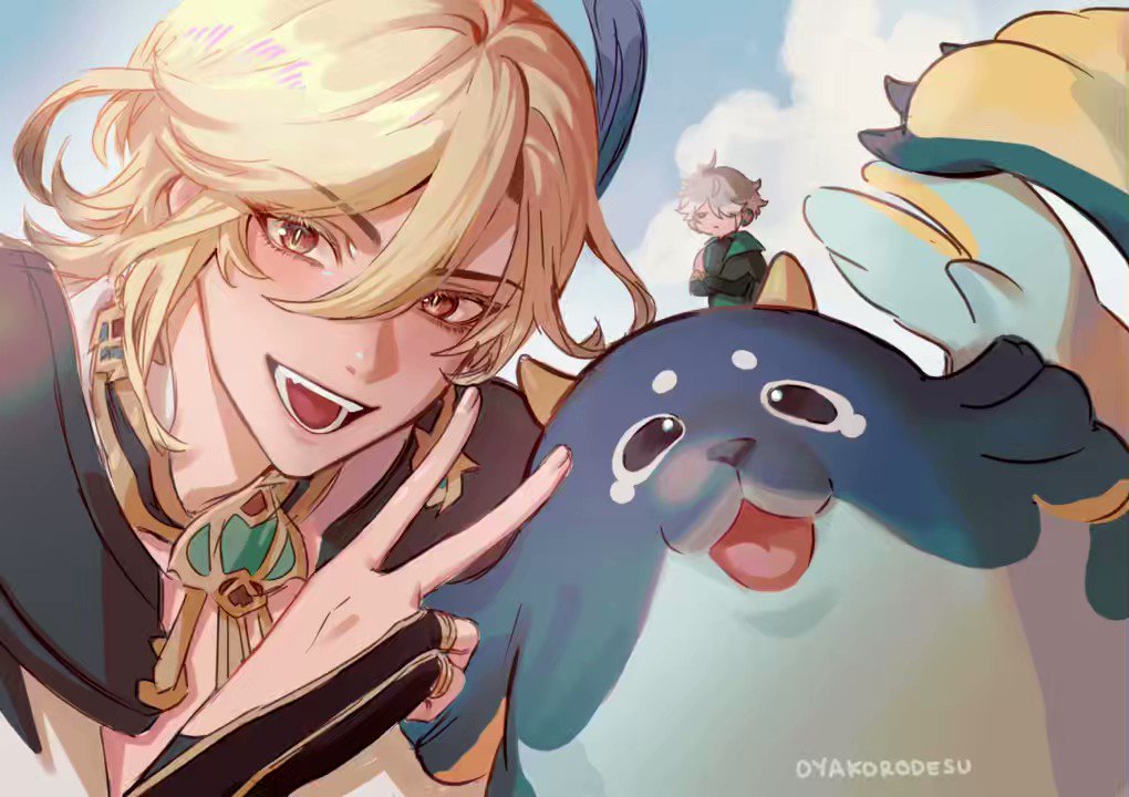 an anime drawing of a blond male character in a black and gold outfit with a peace sign, a blue and white animal with a big smile, and a female character in green and blue clothing. the scene takes place against a cloudy sky background. the characters look like they are taking a selfie together and seem happy and friendly.