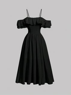a black off the shoulder dress with a ruffle trim around the neckline and a flowy midi skirt. the dress has a casual, summery vibe and is perfect for a variety of occasions.