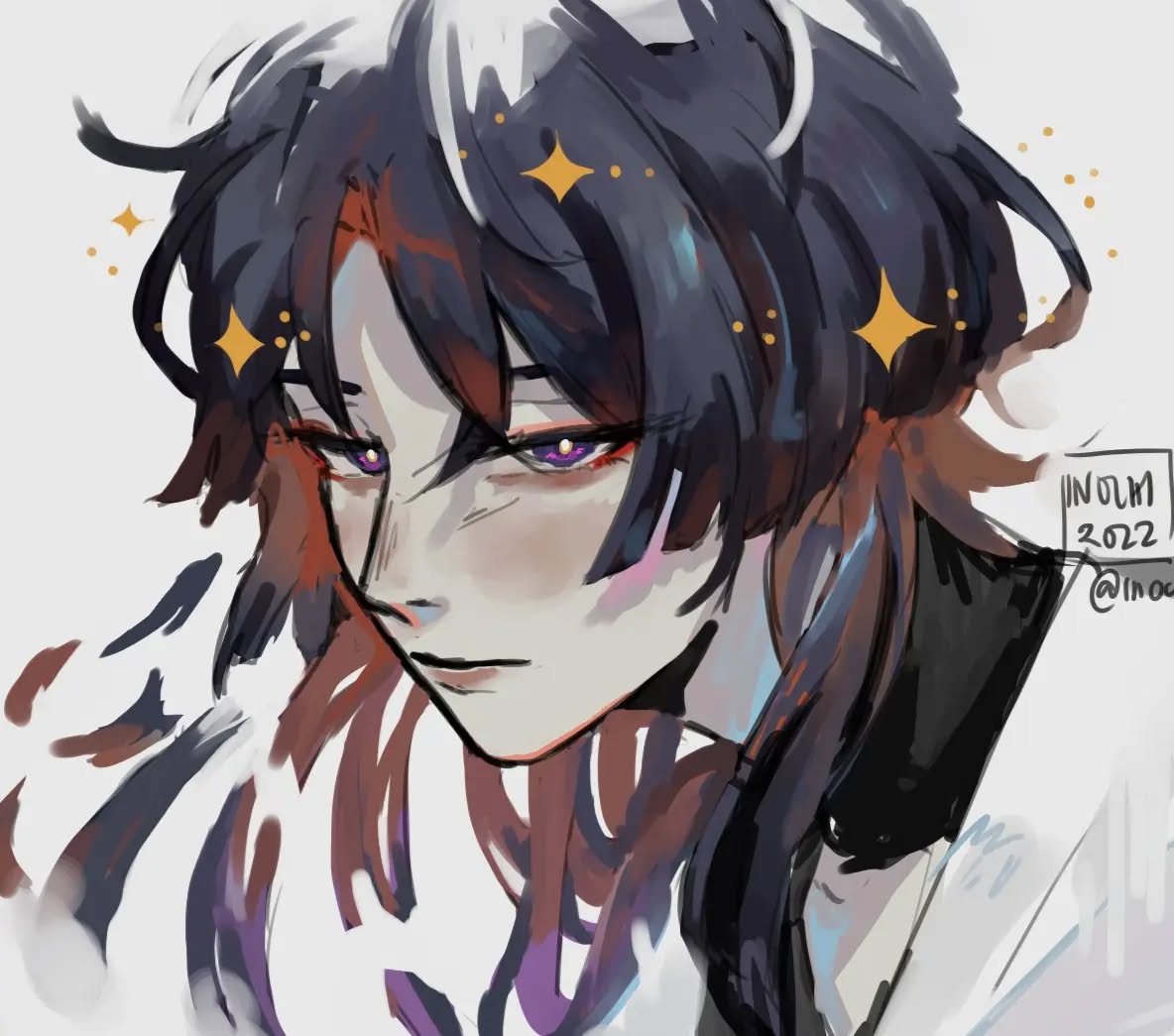 he image is a digital painting or illustration of an animestyle male character.  the art style is loose and expressive, with visible brushstrokes and a slightly abstract quality. the character has long, dark hair with hints of purple and red, and striking purple eyes.  his expression is serious and somewhat enigmatic.  he's adorned with small, golden sparkling details around his head. the background is mostly white, allowing the character to stand out. the artist's signature or watermark ("inolmi 2022") is visible in the bottom right corner. the overall feel is atmospheric and slightly mysterious.