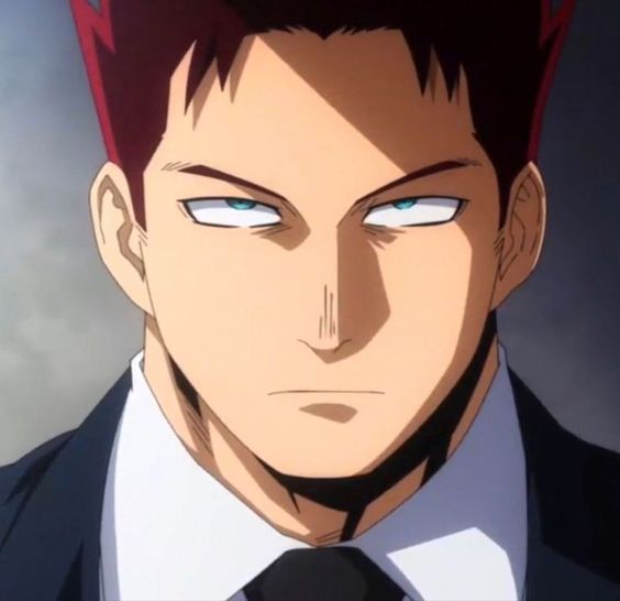 this is a closeup portrait of a male anime character. he has intense teal eyes and short spiky red hair. he is wearing a white collared shirt and black suit. the lighting is soft.