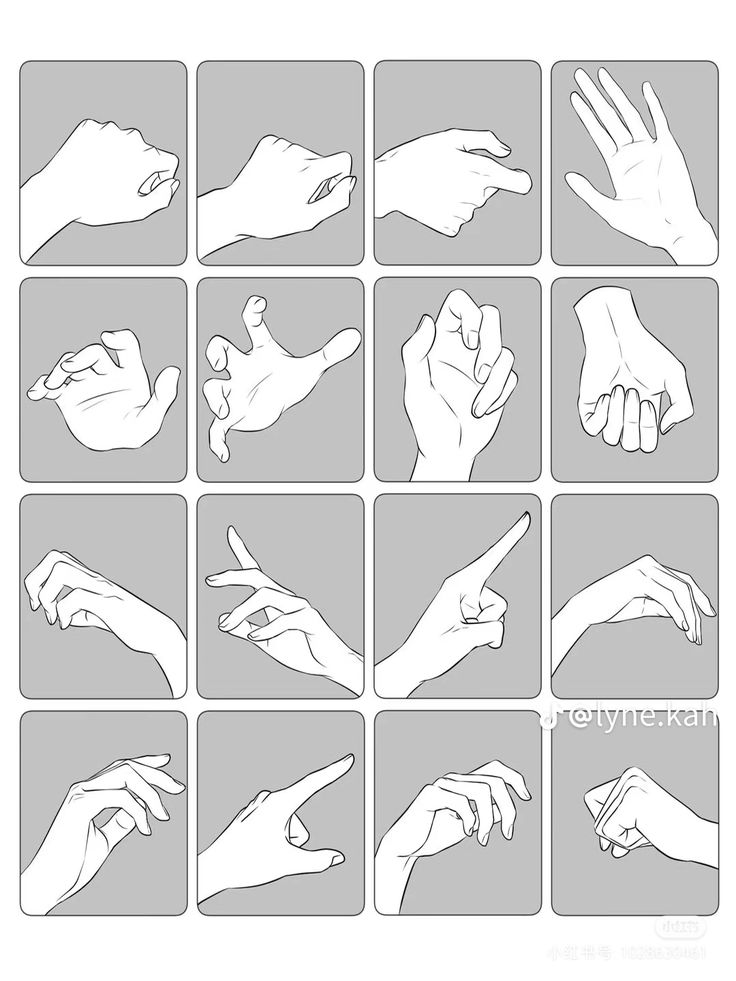 the image is a grid of 16 hand drawings in different poses. they are black and white illustrations. each hand is in a gray box.