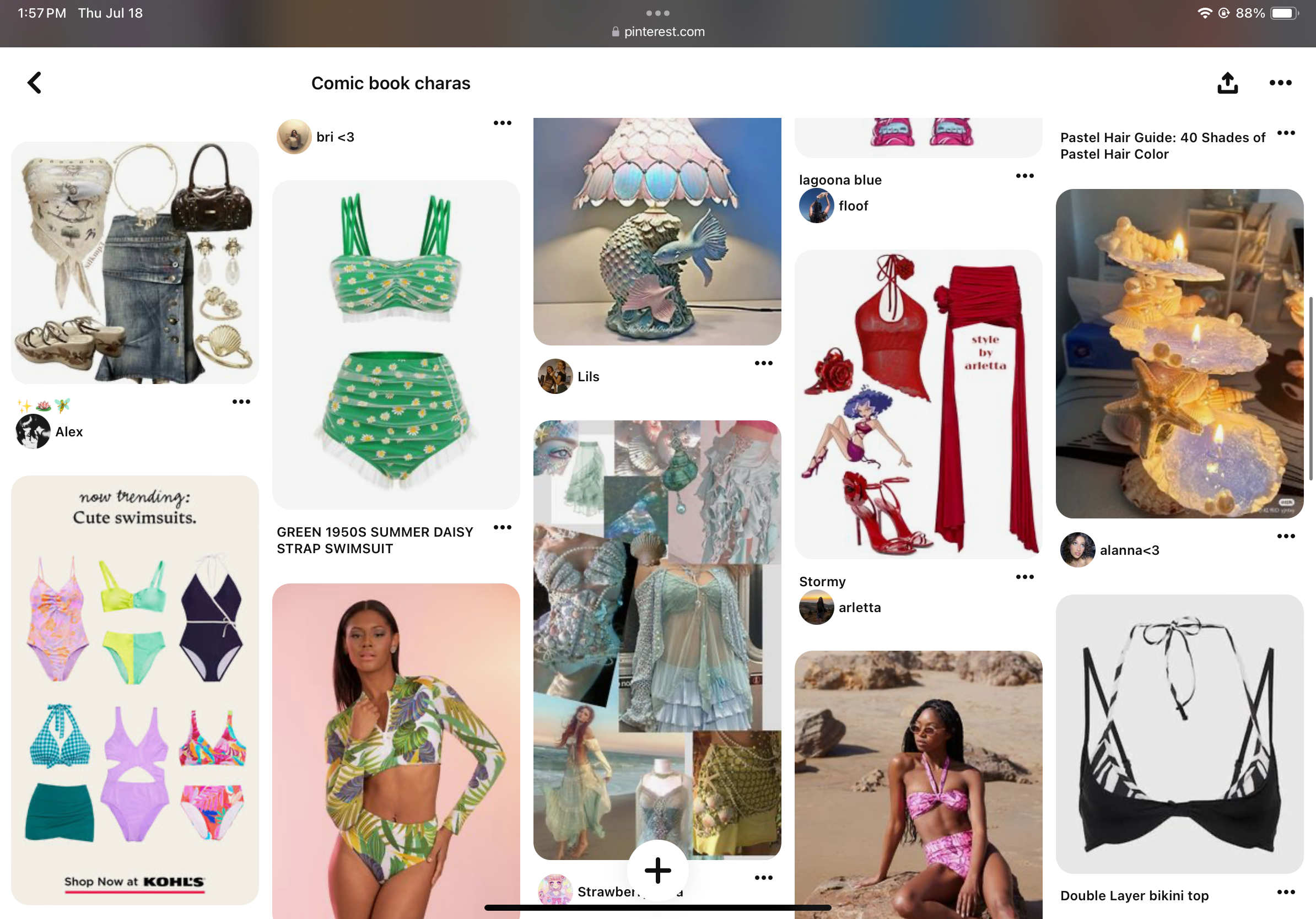 a digital mood board or collection of images centered around the theme of "comic book charas" (characters), likely for fashion inspiration. it features various swimsuits, outfit elements, and color palettes that evoke a playful, retro comic book aesthetic. the images are a mix of product shots, model photoshoots, and inspirational imagery.