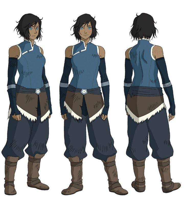 korra, the avatar, in her water tribe outfit from the legend of korra animated series.  three images show different views of korra's outfit: a front view, a back view, and a side view.  each image has a slightly different pose.
