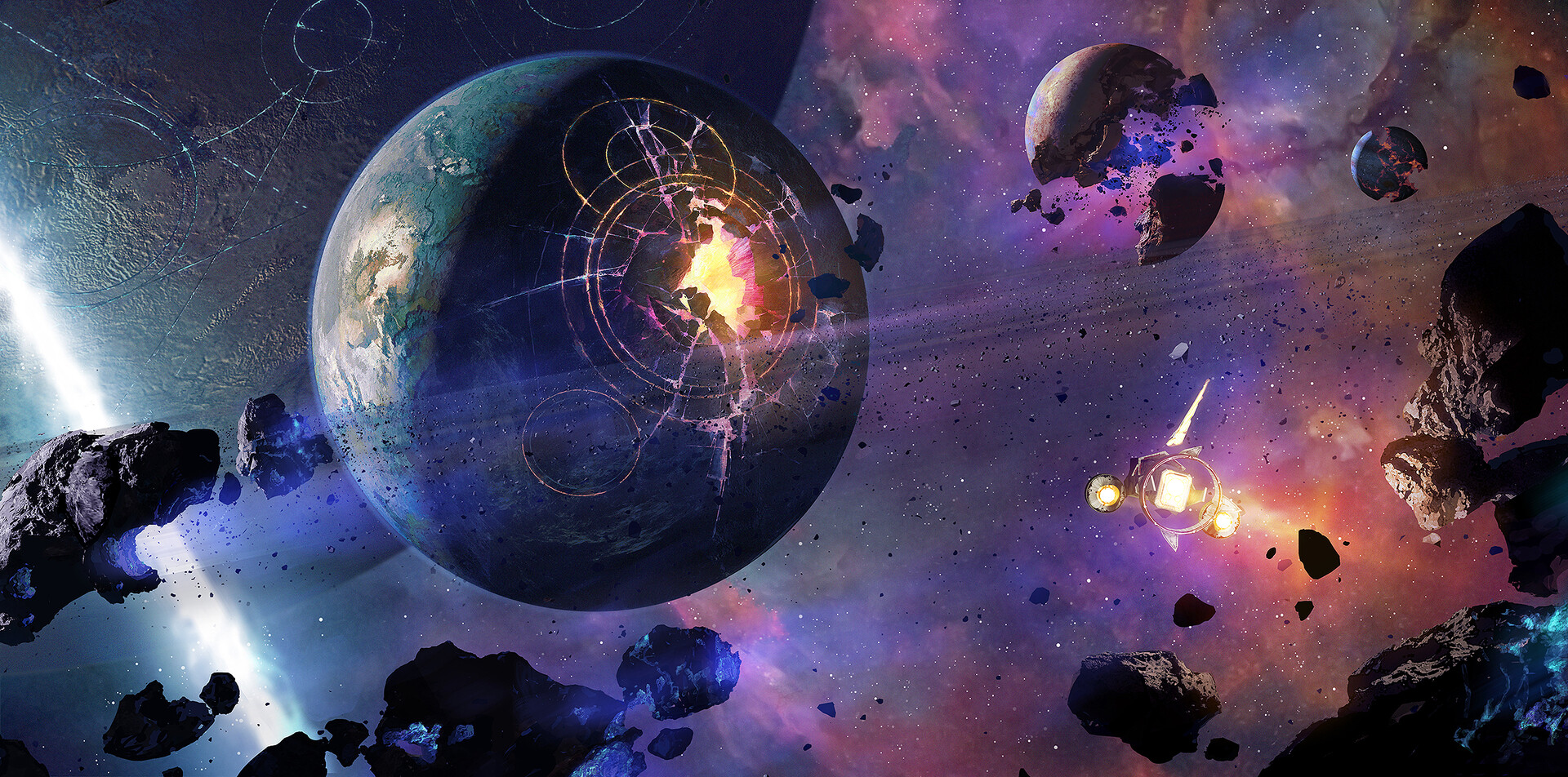 the image depicts a cataclysmic scene in outer space. a central planet, partially obscured by a weblike pattern, is engulfed in a massive explosion of orange and yellow hues. fragments of the planet and what appear to be shattered moons litter the surrounding space, forming a chaotic field of debris.  a lone, small spaceship, emitting a trail of fiery exhaust, navigates through this perilous environment. the backdrop is a breathtaking panorama of a galaxy, awash in swirling clouds of purple, blue, and pink, punctuated by countless distant stars.