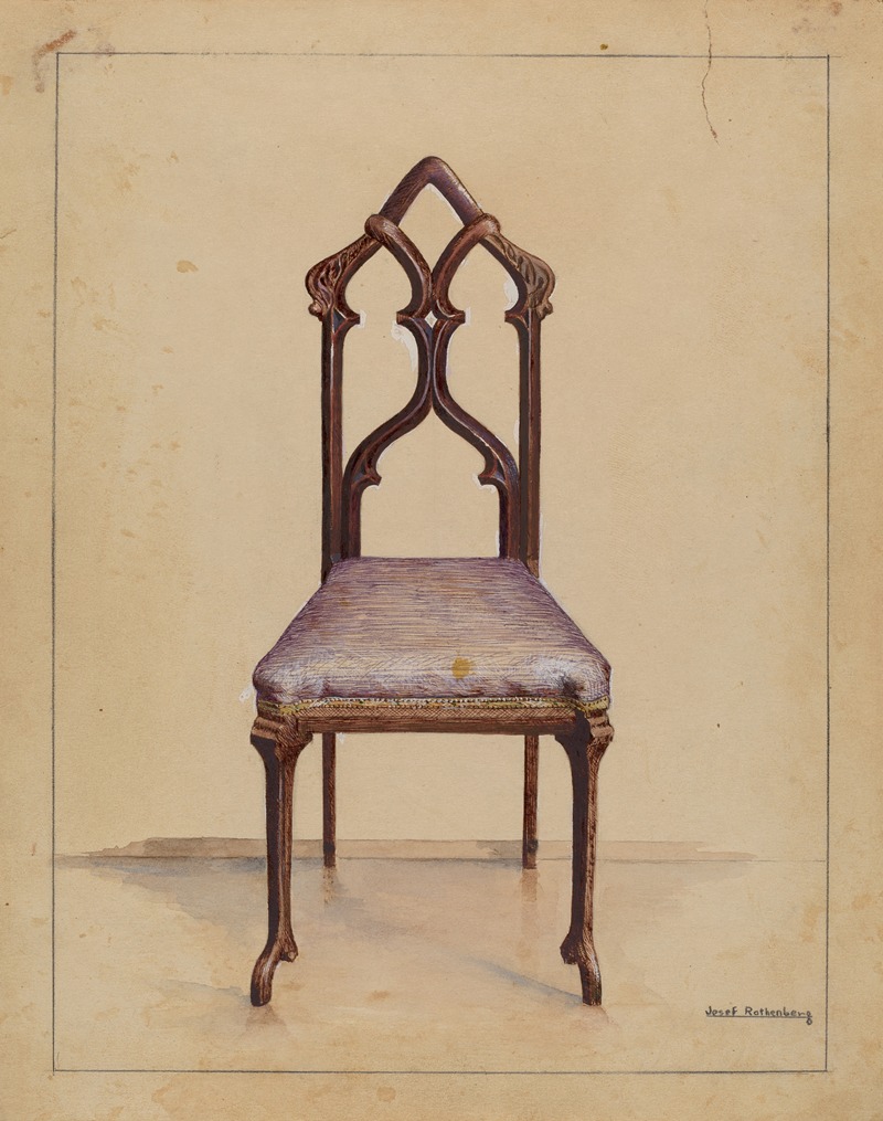 watercolor painting of a chair with a uniquely shaped back and a striped cushion. the chair is brown with an ornate backrest and curved legs. it is placed on a light, neutral background with a hint of a shadow beneath it. the artist's signature, josef rothenhaag, is visible in the lower right corner. the overall style appears to be an architectural or design rendering.