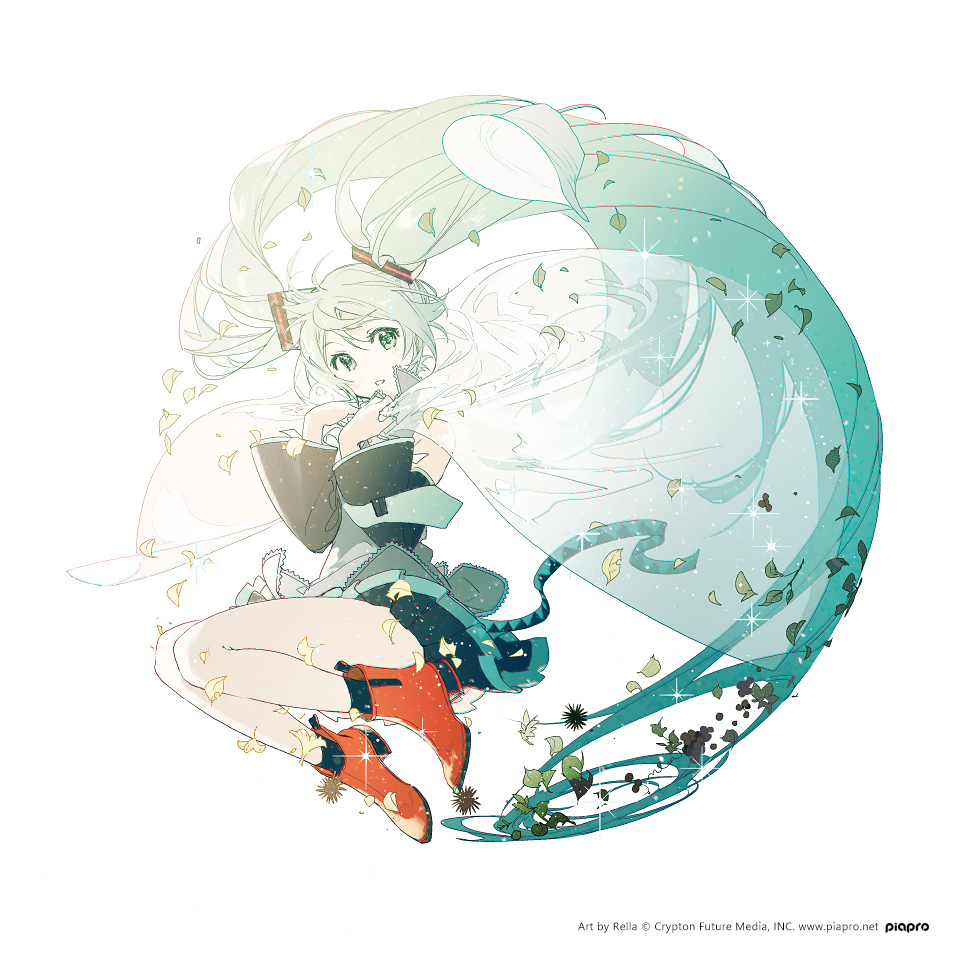the image features hatsune miku, an anime character, with long, flowing twintails in light green and blue. she is surrounded by floating leaves and sparkles. she is wearing an outfit with orange boots. the background is white, and the overall lighting is soft and ethereal.