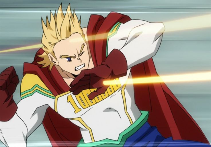 a blondhaired anime superhero with red, white, and green costume is attacking someone with golden beams of light. he has a number '100' printed on his chest and wears a red cape. he is in midair during the attack. the background is gray and there is a sense of motion.