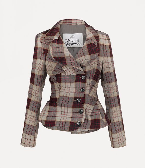 a women's red, white, and brown plaid blazer with silver buttons. the jacket is a vintage design from the brand, vivienne westwood. the blazer is a slim fit and has a cinched waist. it features a unique, asymmetrical closure with buttons on the right side of the garment. the fabric is a wool blend that is soft and comfortable.  the blazer is perfect for a stylish and sophisticated look.