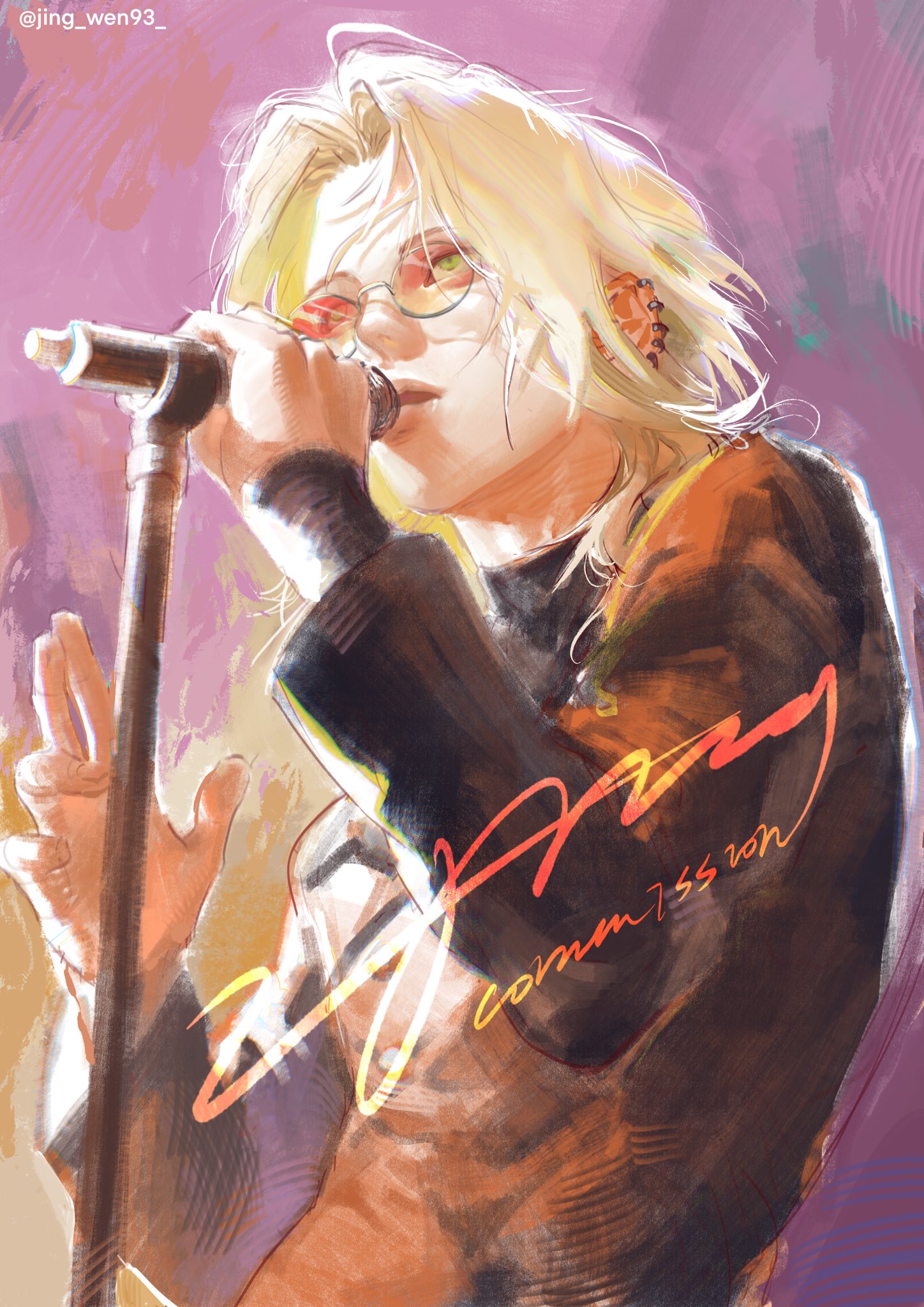 a vibrant, abstract, and colorful illustration of a musician singing into a microphone on stage. the illustration features a stylish figure with blonde hair, glasses, and a jacket with a black shirt. the figure is shown singing passionately into a microphone with a dynamic pose. the background is a blur of colors and shapes, creating a sense of movement and energy. the illustration is a celebration of music, performance, and the artist's individual style.  the text "commission" in the bottom corner suggests that this illustration was a commissioned piece of artwork.