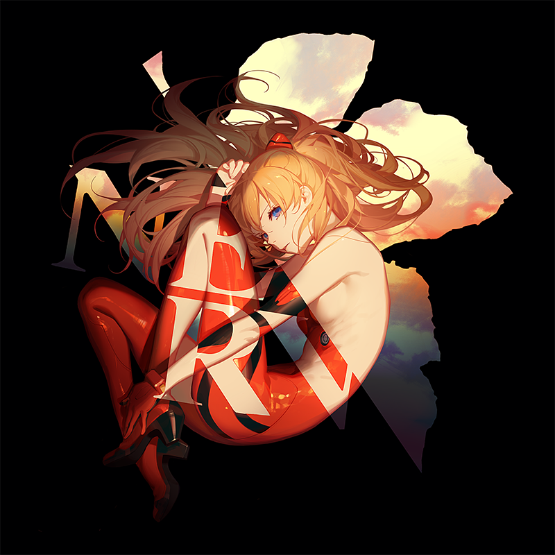 the image is a digital illustration featuring asuka langley soryu from the anime series evangelion. she is depicted in a crouching pose, wearing her red bodysuit. the nerv logo is overlaid on her body. behind her is a shape filled with a sunset sky, and the background is solid black. the artwork has a melancholic and artistic feel.