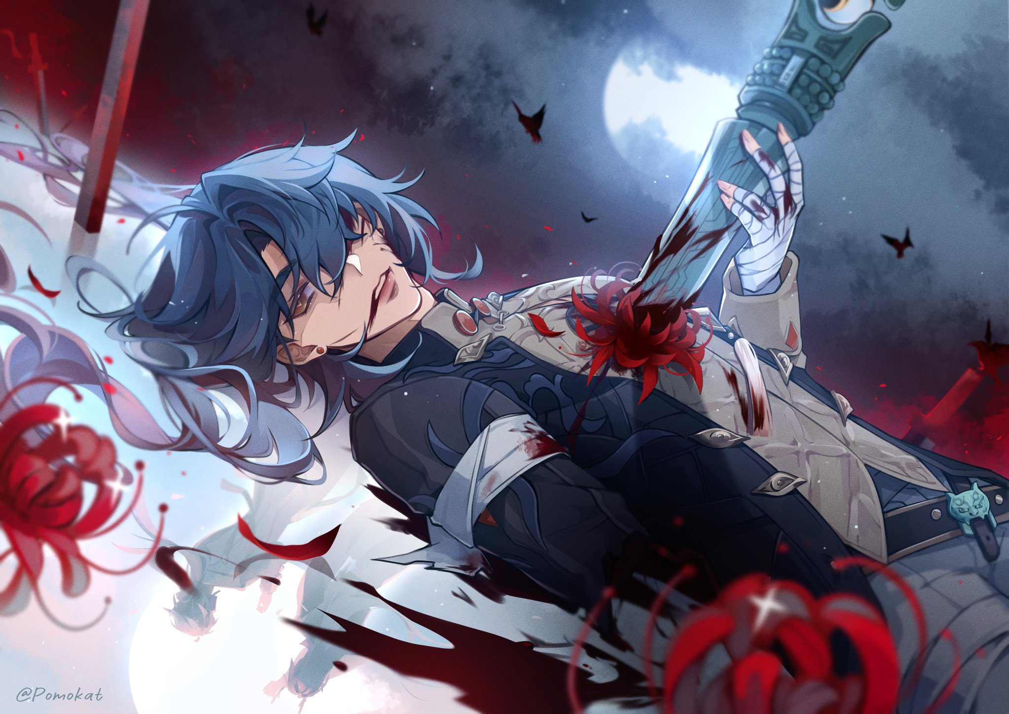 an anime male character with blue hair is lying down with a sword sticking out of his chest. there are red flowers around him and blood on his body. the image is dark and dramatic and suggests that the character is dying. the sword is old and has a detailed design that is reminiscent of a dragon.