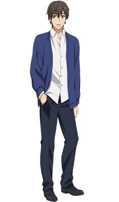 an anime boy with brown hair and brown eyes, wearing a blue cardigan over a white buttondown shirt, navy blue pants, and black shoes. he is standing with his left hand in his pocket.