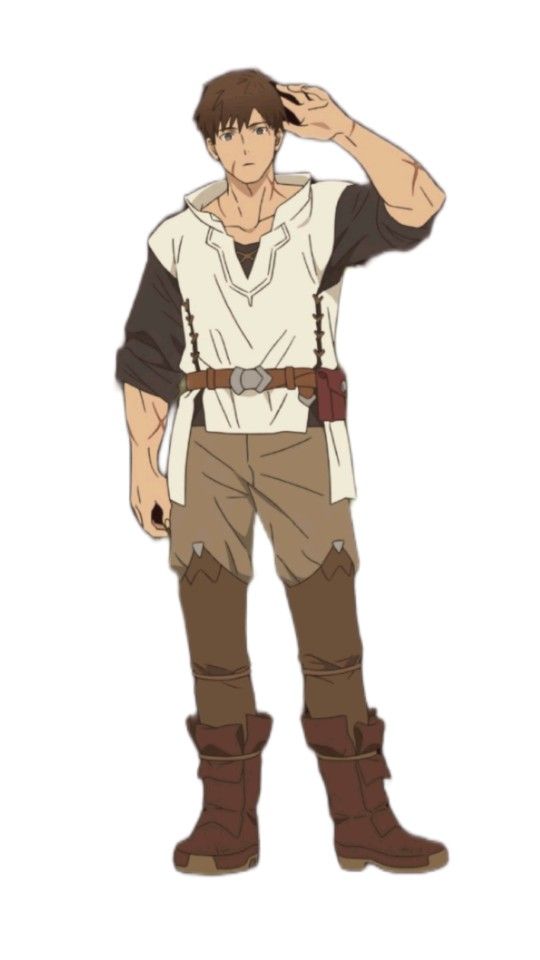 this is an anime illustration of a young man with brown hair and brown eyes. he is wearing a white longsleeved shirt, brown pants, a leather belt, and brown boots. he is standing with his right hand on his head, looking towards the right. the background is white.  he has a pouch strapped to his belt and is dressed in attire suitable for adventuring or combat.