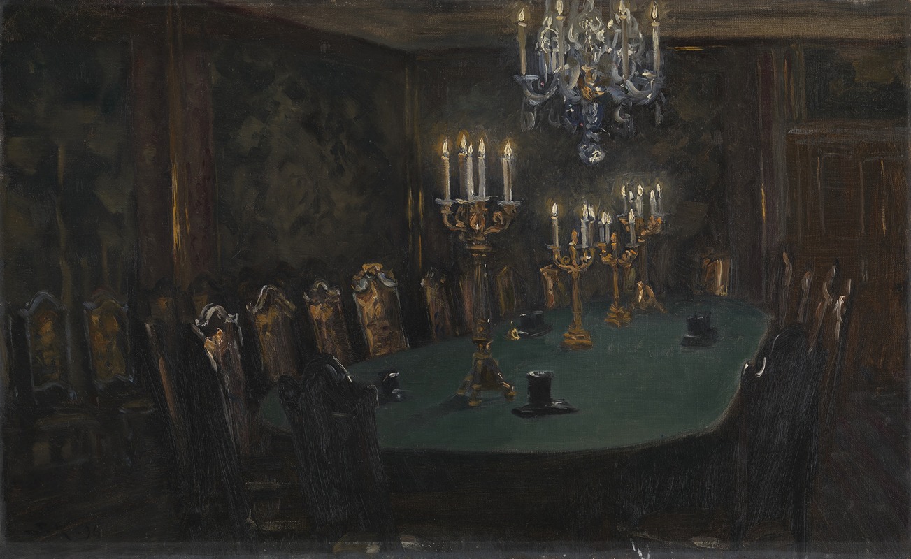 a dimly lit painting depicts a dining room with a large oval table covered in a green cloth. the table is surrounded by numerous dark wooden chairs. several ornate gold candlesticks holding lit candles are positioned on the table, along with a few dark hats. a chandelier with multiple arms and lit candles hangs from the ceiling. the walls are dark and indistinct. the overall atmosphere is somber and mysterious.
