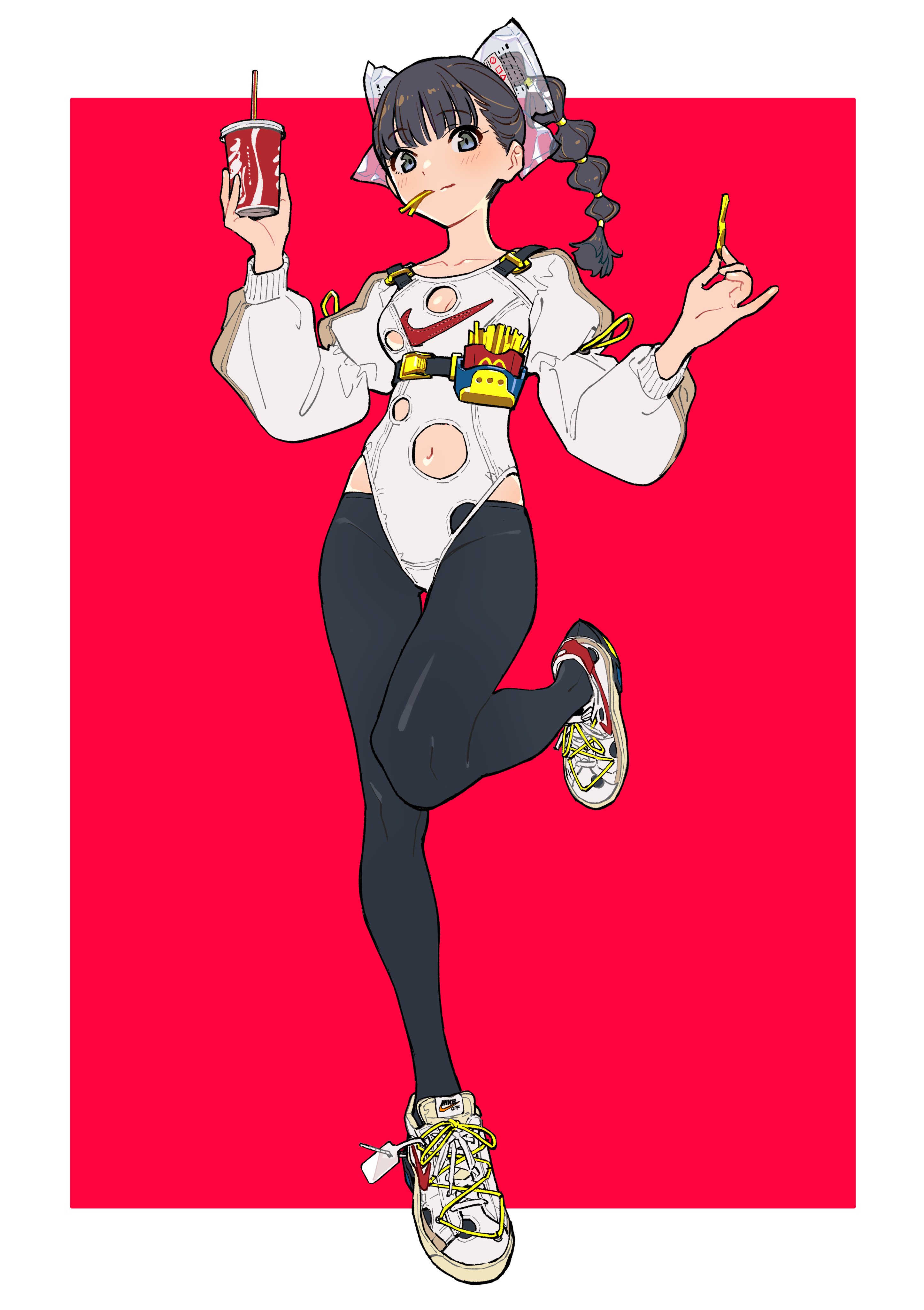 the image is a digital illustration of a stylish anime girl. she's wearing a white bodysuit with cutouts, black leggings, and offwhite sneakers.  she's holding a cocacola cup in one hand and fries in the other.  her outfit is accessorized with a small bag suggesting fastfood items. she has dark hair styled in a ponytail with cute bows.  the background is a solid, bright red. the overall style is vibrant and playful. the art style is clean and modern, with attention to detail in the clothing and character design.