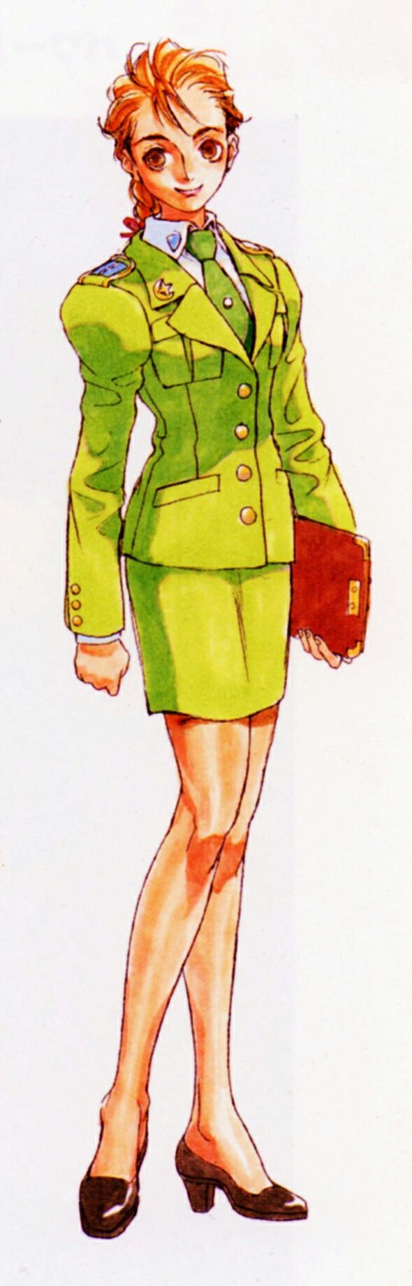 this image depicts a drawing of a woman, possibly an anime character. she is standing with her legs slightly apart and is wearing a green military uniform consisting of a jacket and a skirt. she has blonde hair, blue eyes, and is holding a brown briefcase in her right hand. she is wearing brown shoes.