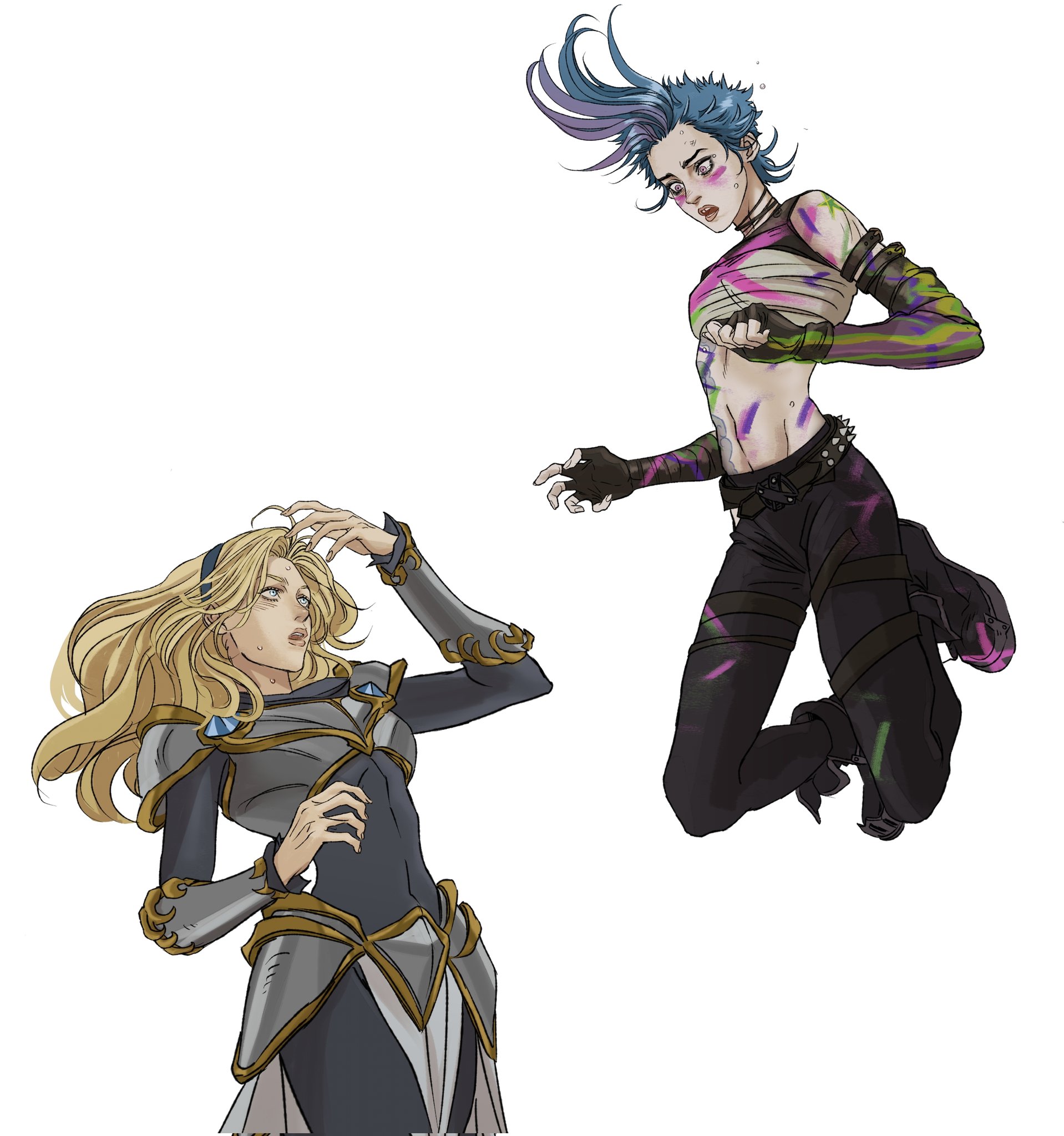 the image depicts two characters, lux and jinx, from the video game league of legends. lux is on the left, with long blonde hair and wearing a silver and blue dress with gold trim. she appears confused, looking up and touching her hair. jinx is on the right, with short, blue hair and wearing black pants and a white bandage top. she is in midair, as if jumping or leaping. her clothes and skin are splattered with colorful paint. the style is illustrative and appears to be fan art.