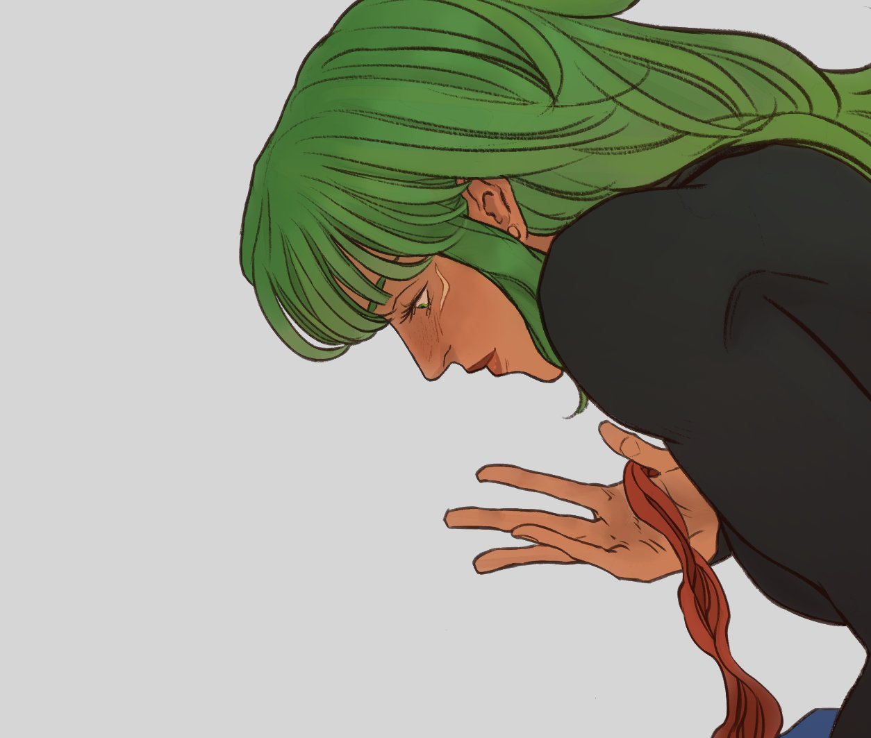 an animestyle illustration depicts a figure with long green hair wearing dark clothing and crying. the character's head is bowed, with downcast eyes and a sad expression. one hand is visible, holding a red ribbon. the view is a profile, highlighting the character's emotional distress.