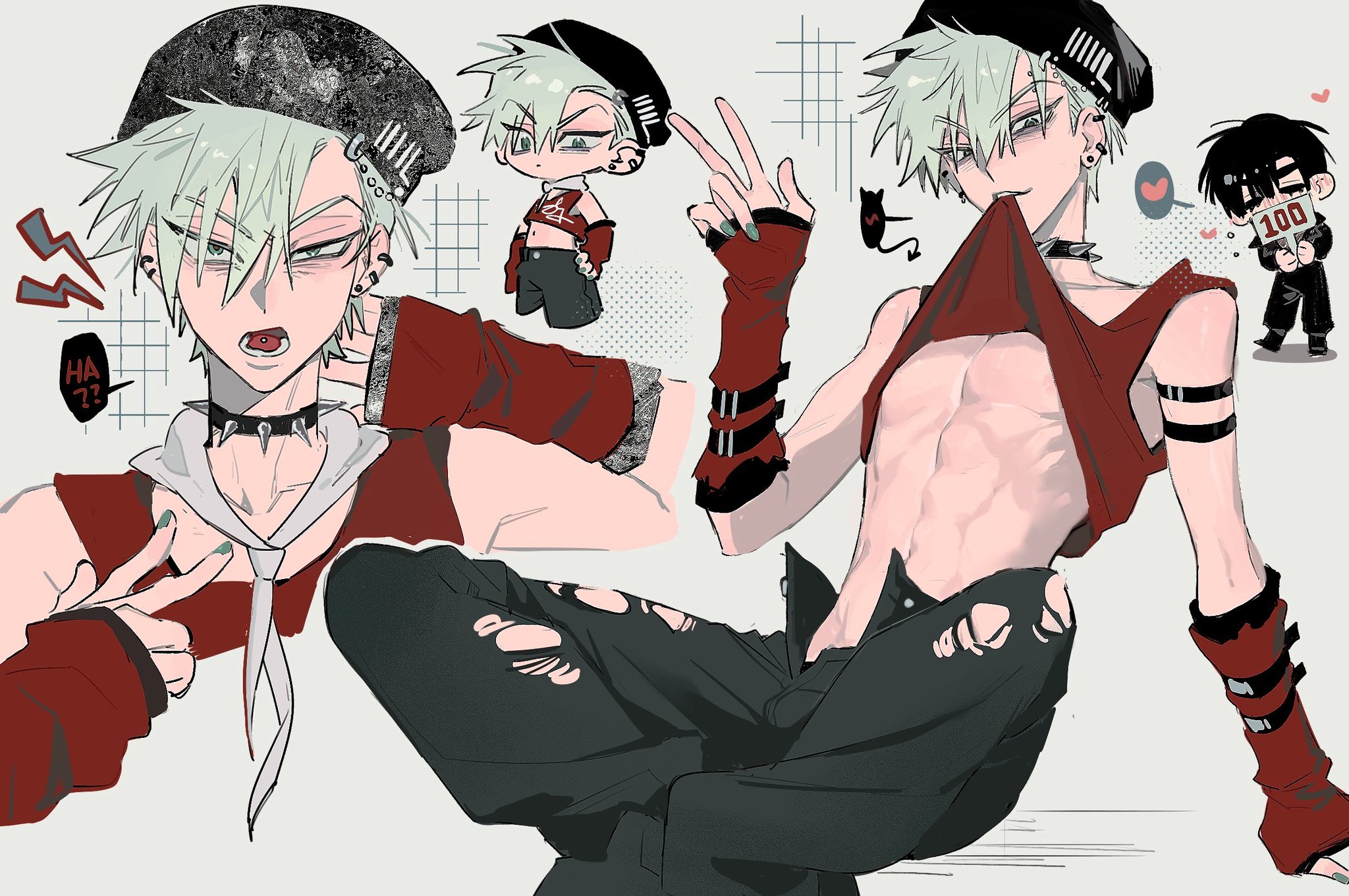 this image depicts a young male anime character with white hair and green eyes. he is wearing a ripped tank top, black jeans, and a black beanie with a white stripe. he has black bracelets and red gloves on his arms. his shirt is pulled up to reveal his chest and he has a black choker around his neck. he is giving the peace sign with his right hand and holding up his left hand.  he is in a sitting position, and in the background, there are smaller depictions of him and another boy.