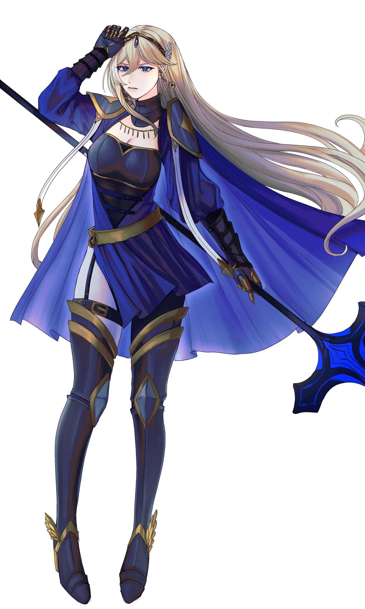 this is an animestyle illustration of a female warrior. the warrior is depicted with long blonde hair and wearing a blue and gold armor, holding a staff with blue details. she is wearing a blue cloak and has blue eyes. the background is white, and the image has a fantasy theme.