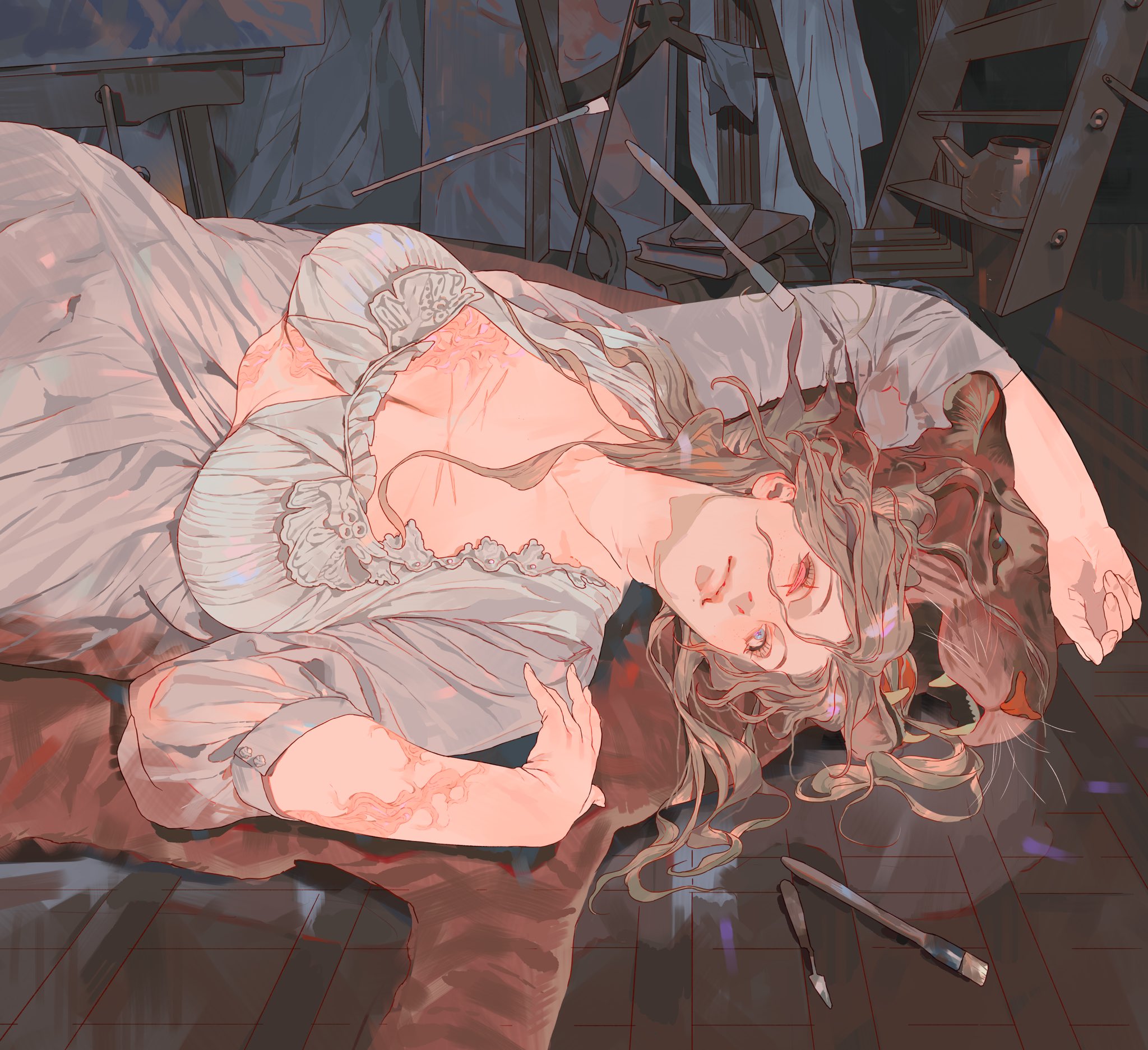 a woman in a white dress lies on the floor of a studio with her head resting near a tiger. there are paintbrushes on the floor next to them. in the background is a canvas on an easel, a ladder, a kettle, and books. the image has an ethereal quality with soft lighting and shadows.