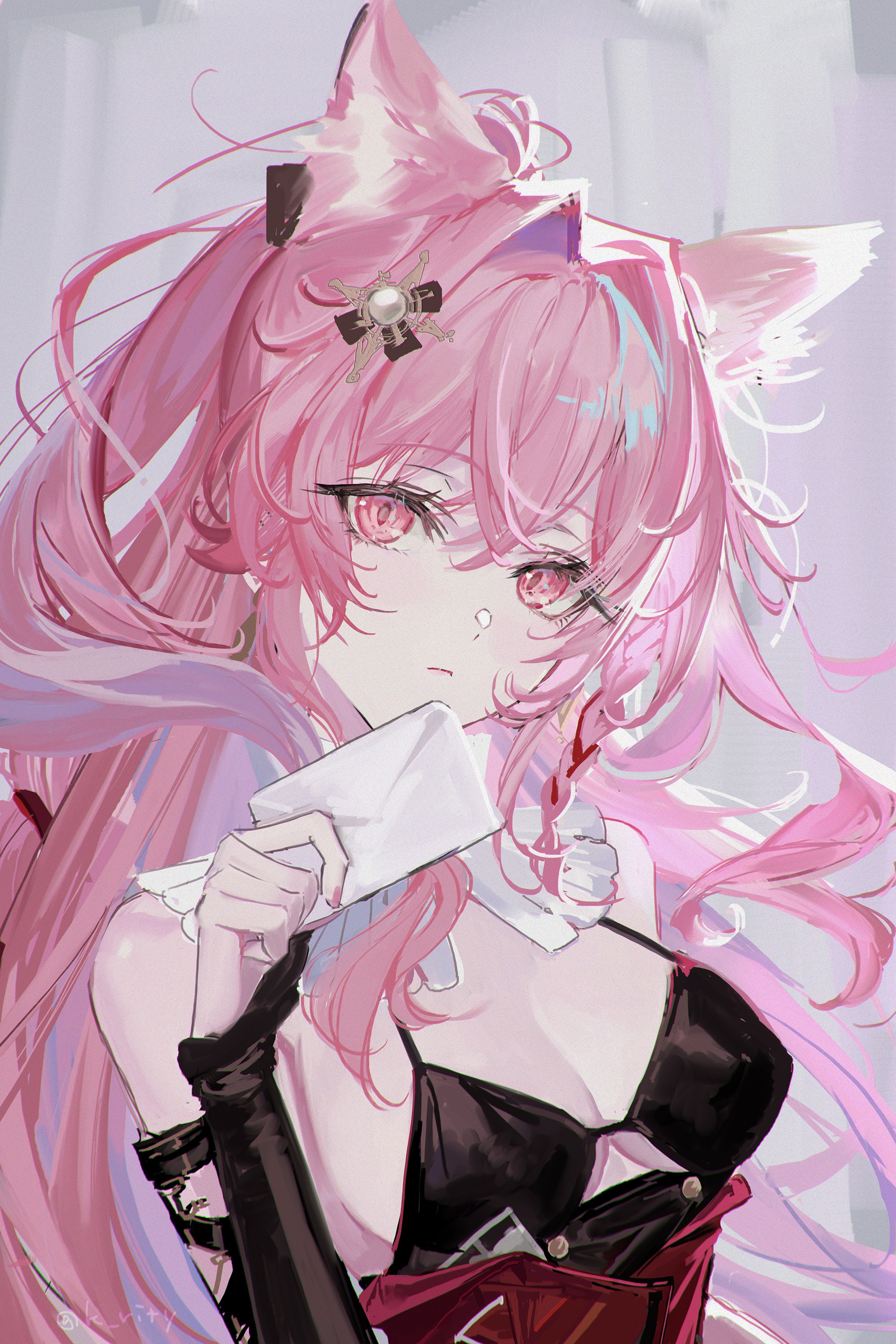 the image is a digital painting or illustration of a young animestyle girl with long, flowing pink hair and fox ears.  she's wearing a black bustierstyle top with dark accents and what appears to be a darkcolored, possibly velvet or similar, sleeve. she has a delicate and somewhat melancholic expression, holding a white envelope gently in her hands.  the art style is soft and dreamy, utilizing pastel colors and delicate brushstrokes to create a feeling of elegance and gentleness. the background is a muted, light purple, drawing attention to the figure in the foreground. the overall aesthetic is kawaii and suggestive of a fantasy or magical setting.