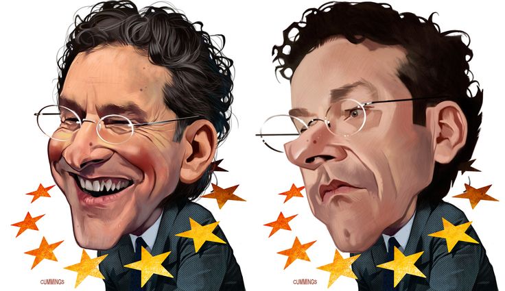 the image shows a cartoon caricature of dominic cummings in two different emotional states. on the left, he is smiling broadly with exaggerated features, and on the right, he is frowning with a pronounced nose. both figures are wearing glasses and a suit, and they are surrounded by stars, resembling the eu flag. the cartoon is signed "cummings" at the bottom.