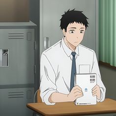 an animestyle image of a young man in a school setting. he is seated and wearing a white shirt, blue tie, and has short dark hair. he holds a textbook in his hands with a neutral, perhaps contemplative, expression. the environment appears to be a classroom, evidenced by the lockers and simple desk he's seated at. the image utilizes soft lighting and is drawn from an eyelevel perspective.