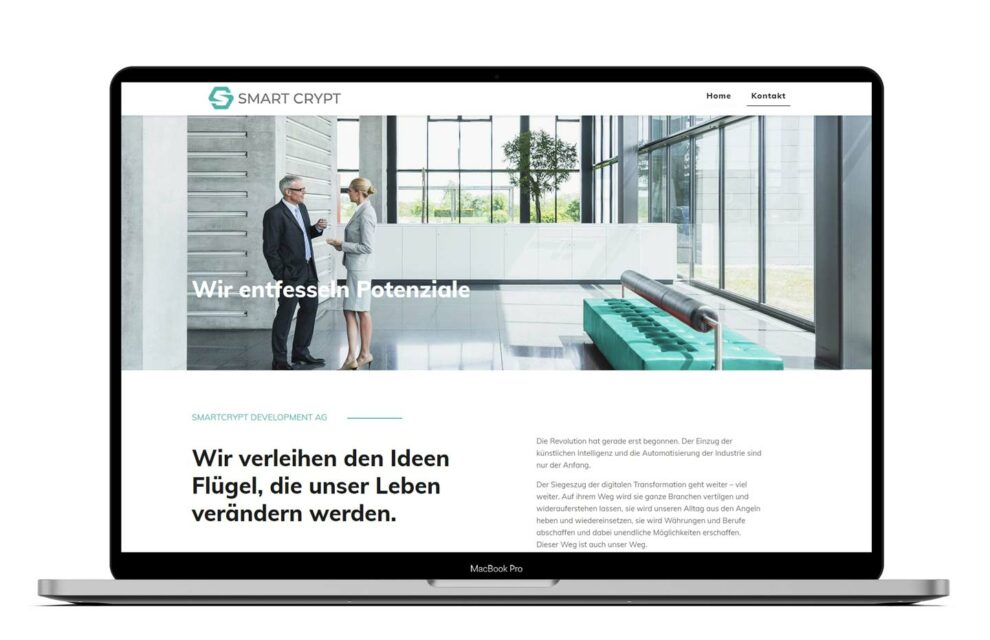 Onepager: smartcrypt.ch - Smart Crypt Development AG. Website für das Schweizer Fintech (Finanztechnologie) Unternehmen.