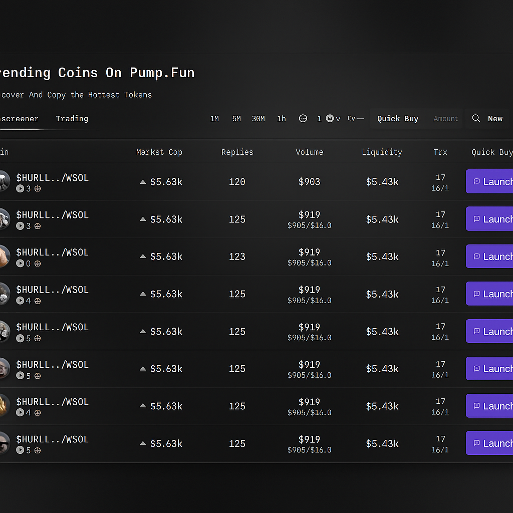 Grid of four trading cards showing AI-curated coin recommendations with buy/sell signals in a monochromatic display