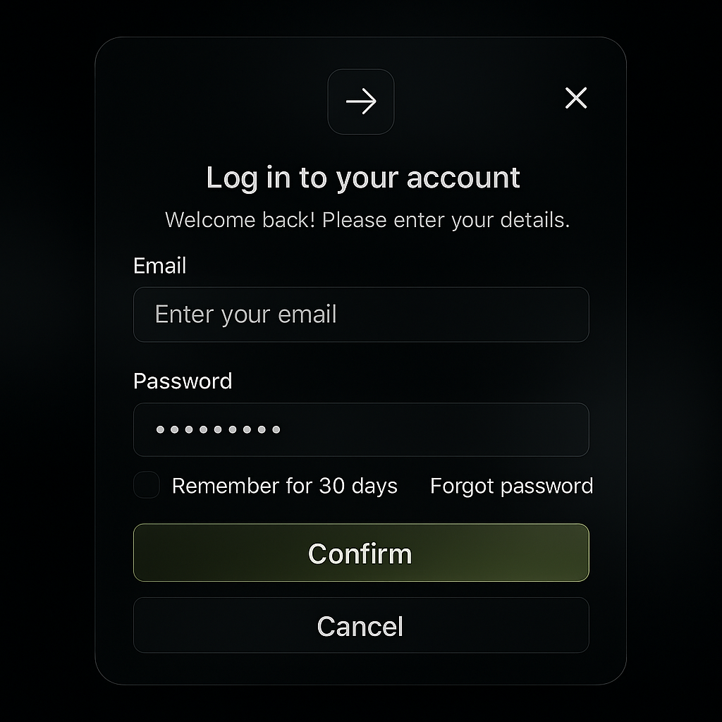 Dark login interface with email and password fields, remember me checkbox, and confirm/cancel buttons