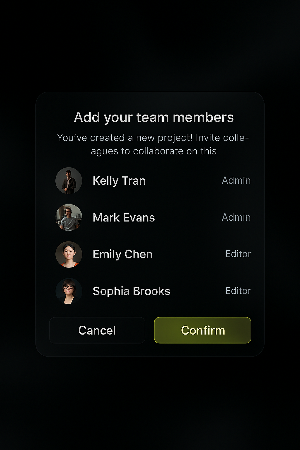Team member management interface showing four profile avatars with online/offline status indicators and a green 'Decline' button