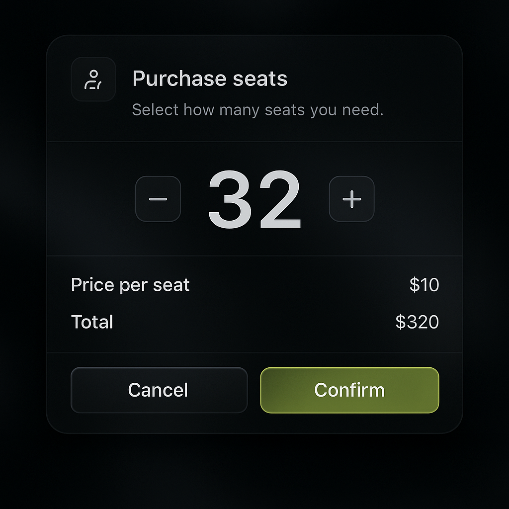 Seat purchase interface with number selector showing '32', price per seat at $10, total $320, and confirm/cancel buttons