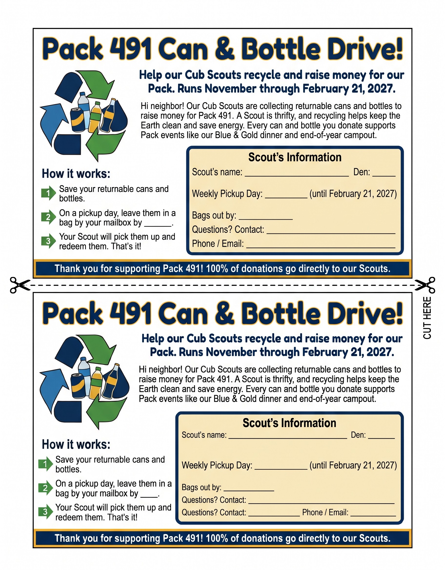 Pack 491 Can & Bottle Drive flyer