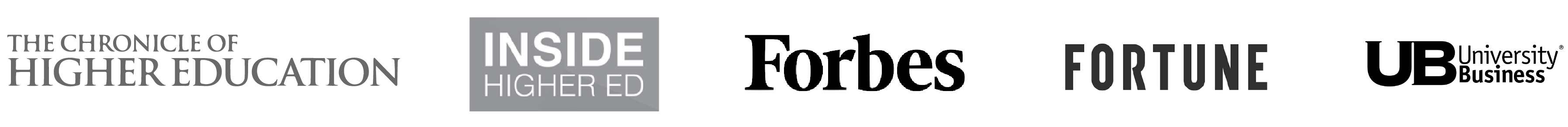 Press banner showing Inside Higher Ed, Chronicle of Higher Education, Fortune, Forbes, University Business.