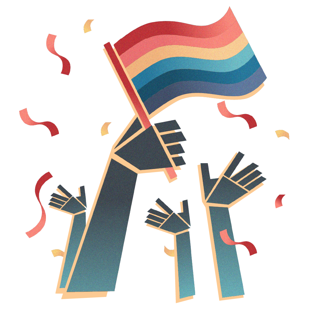 Illustration: Colorful hands raised in celebration holding a Pride flag with confetti.