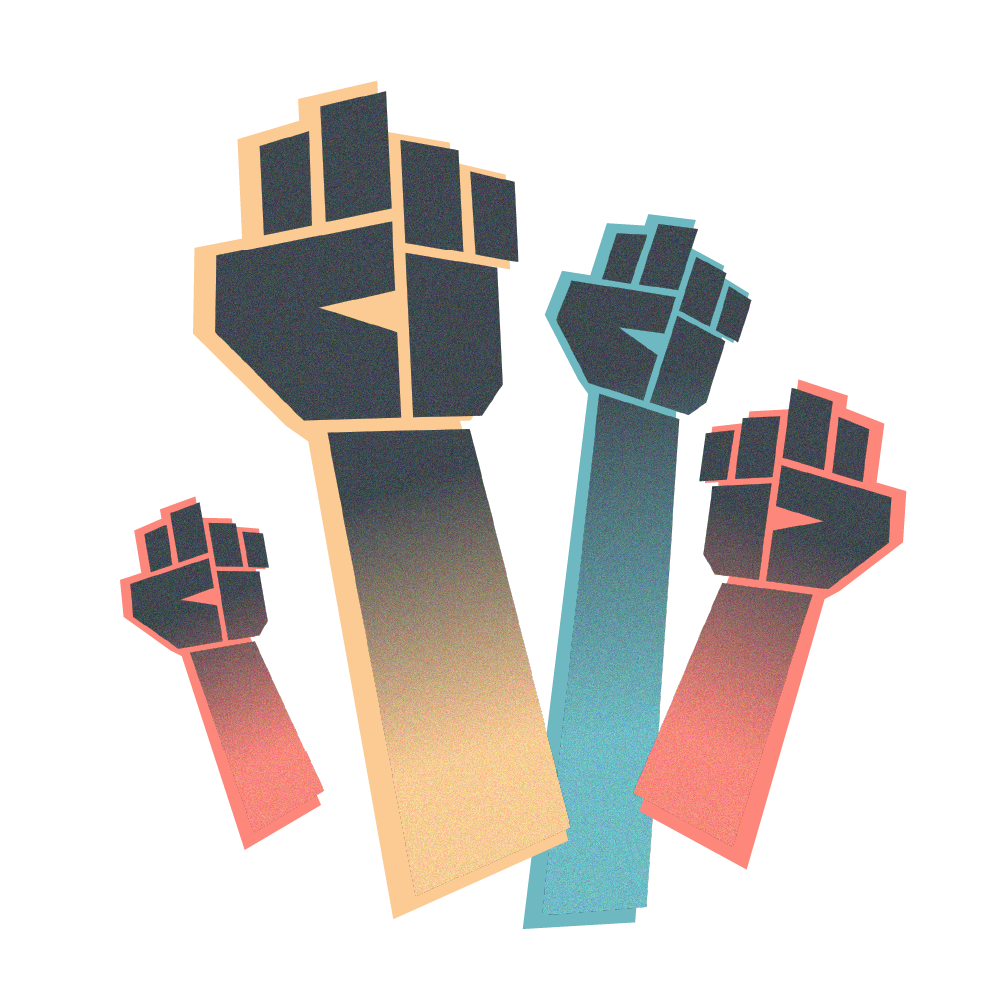 Illustration: Colorful fists raised in protests.
