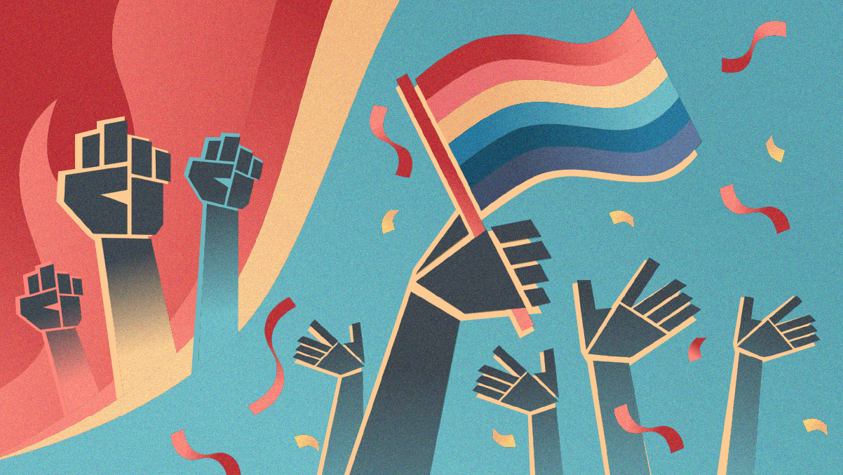 Illustration: The left side shows fists raised in protests. The right side shows hands raised in celebration holding a Pride flag.