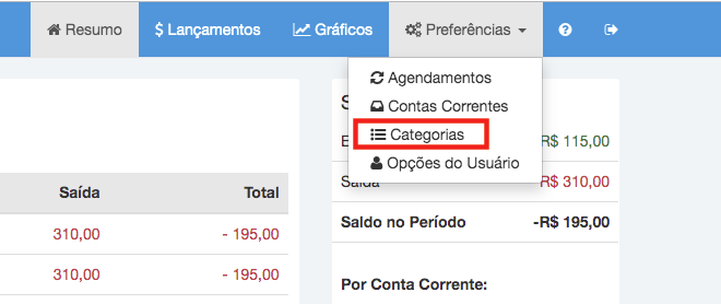 Categorias financeiras no Paguei