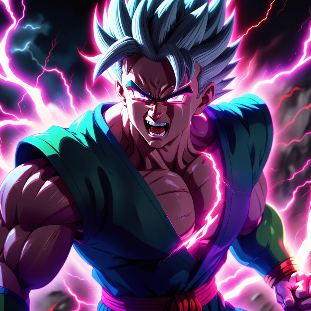 Ssj5 goku with silver hair and a glowing aura, high quality