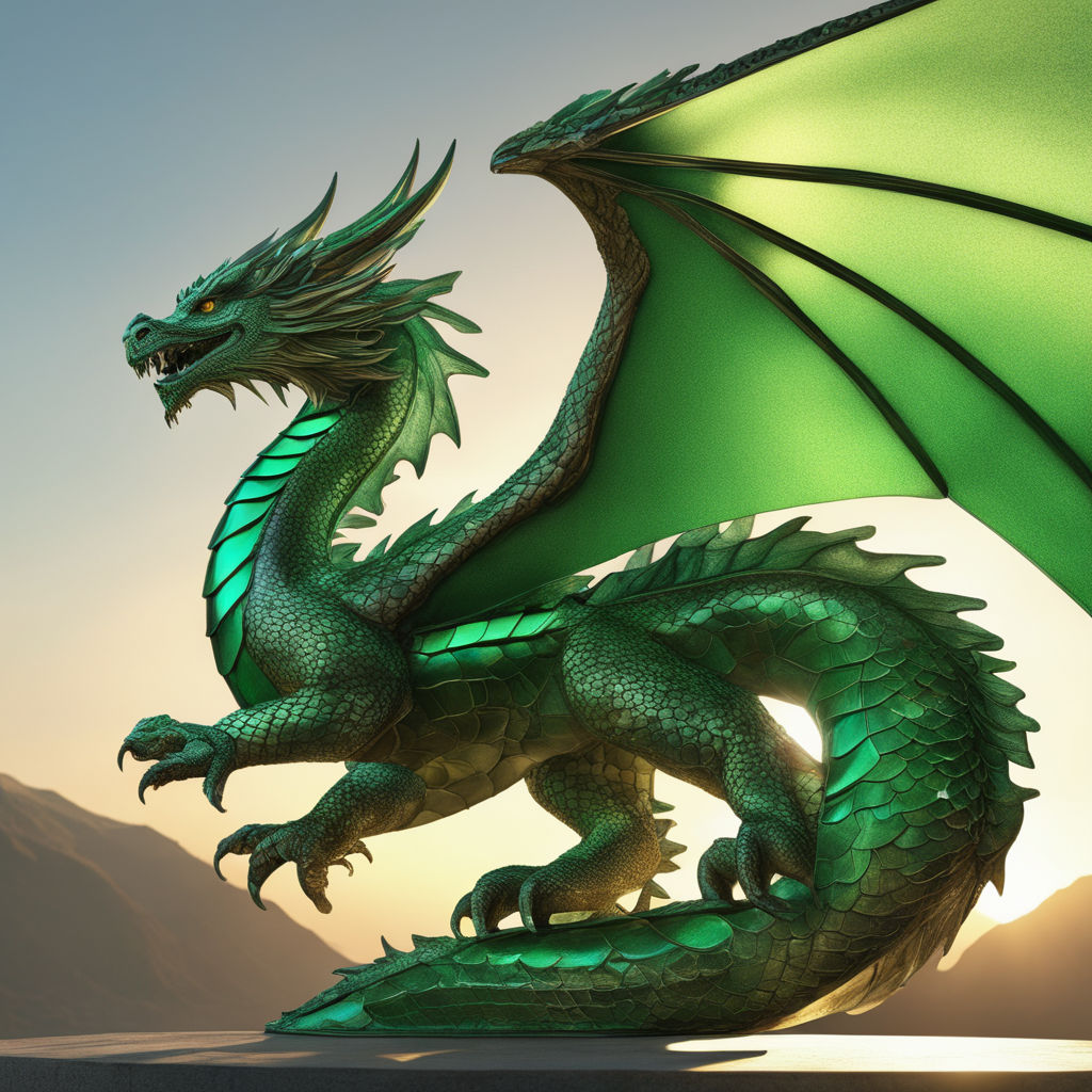 Green Dragon in the cave, the lord of dragons, has good platinum scales,  bright eyes, and is surrounded by dazzling gold and green lights.  generative ai Stock Illustration