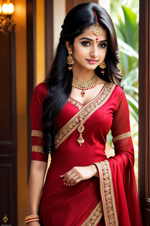 Portrait Of A Young Indian Woman Wearing A Red Saree Clothes And