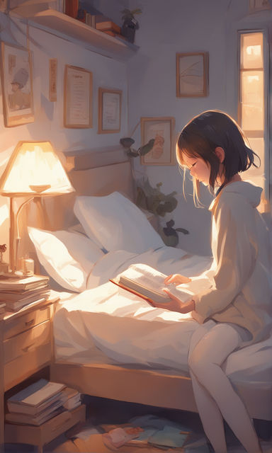 anime girl reading a book in bed