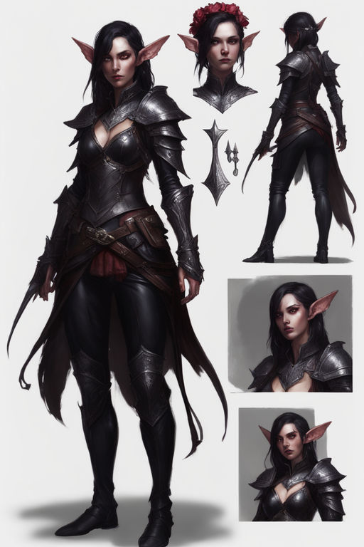 worn-walrus279: Half-elf female with long black hair liquid golden eyes  with a dark barmaid outfit